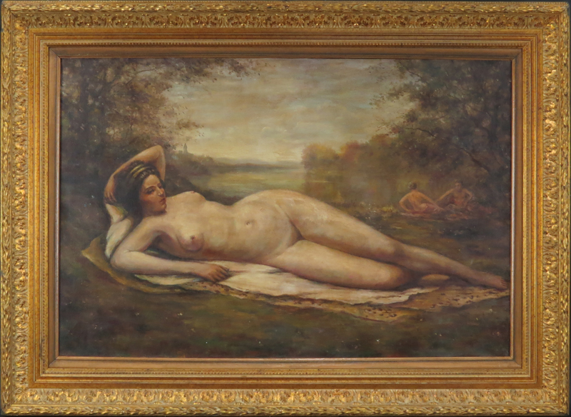 19/20th Century Oil on Canvas, Reclining Nude in Landscape