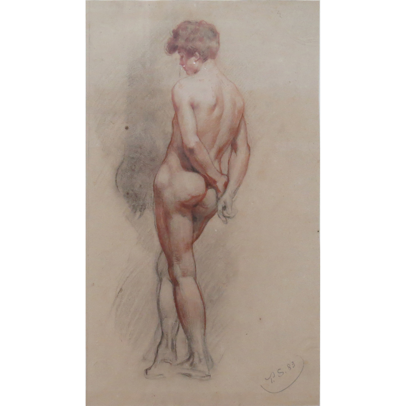 19th Century Pencil and Sanguine Pencil Drawing with white highlights on tan paper "Male Nude"