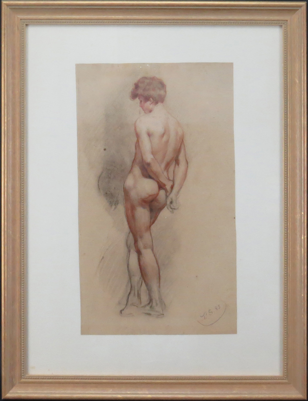 19th Century Pencil and Sanguine Pencil Drawing with white highlights on tan paper "Male Nude"