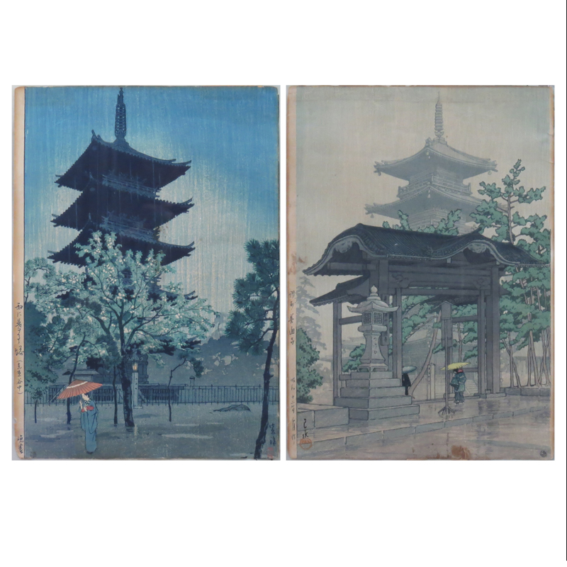 Two (2) Vintage Japanese Woodblock Prints "Rain", "Visiting The Temple" Possibly Asano Takeji, Japanese (1900-1999) Signed in borders, stamped