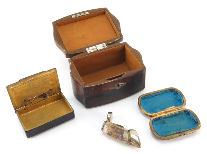 Collection of Four (4) Antique Boxes Including a Continental 935 Silver Mounted Serpentine Leather Dresser Box; a Figural Hoof Match Safe; a Boulle Work Inlay Tortoise Shell Coin Purse and a Painted Lacquer Snuff Box