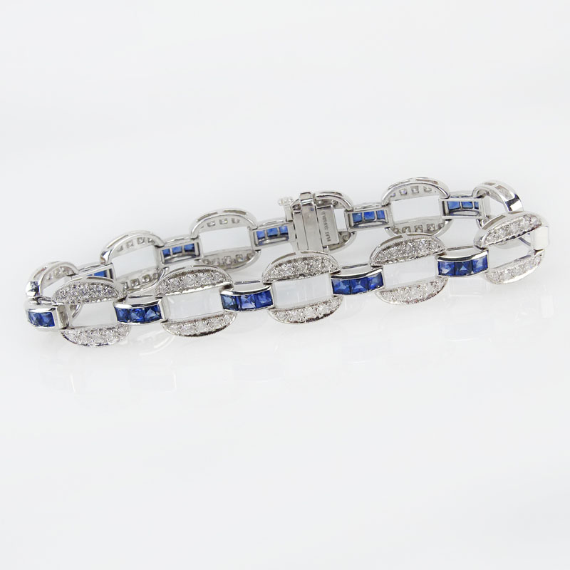  3.99 Carat Calibre Cut Sapphire, 1.98 Carat Round Cut Diamond and Platinum Bracelet
