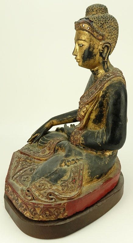 Vintage Gilt Indo-Chinese Carved Jeweled Polychrome Seated Buddha