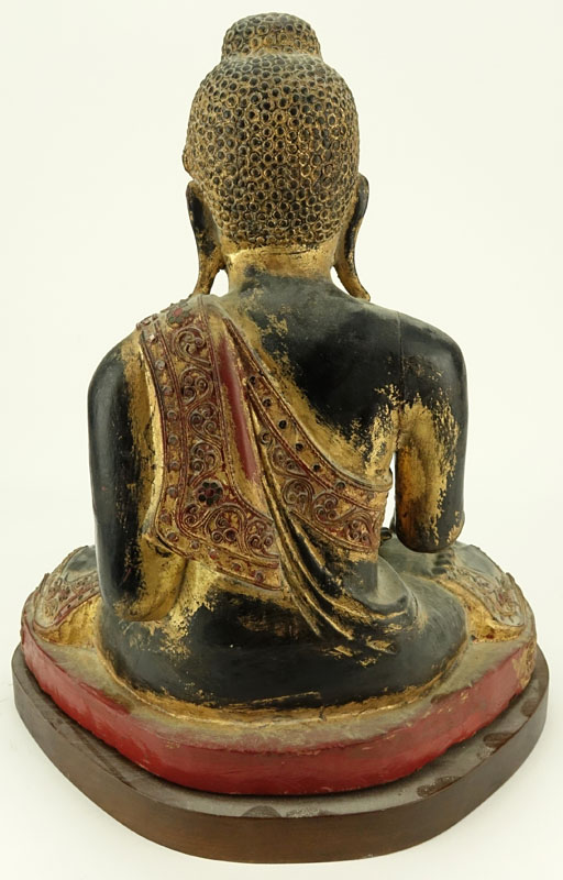 Vintage Gilt Indo-Chinese Carved Jeweled Polychrome Seated Buddha