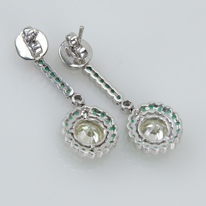 3.63 Carat TW Diamond, 1.20 Carat Emerald and Platinum Pendant Earrings. 