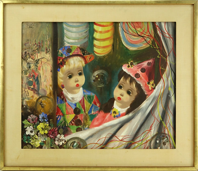 J Marini, Paris (20th Century) "Harlequins" Oil on Canvas Signed Upper Left