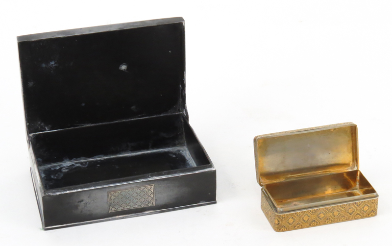 Vintage Pewter and Silver Niello Decorated Cigarette Box together with a Chinese Niello Decorated Snuff Box