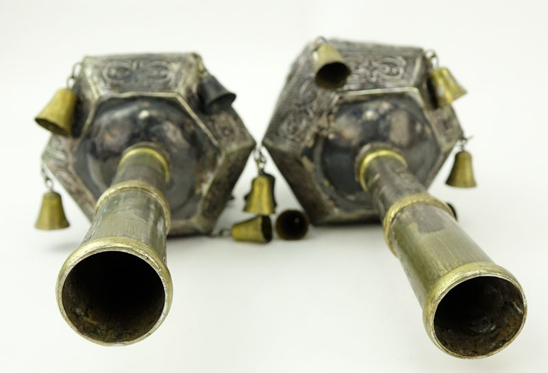 Pair of Late 18th or 19th Century Judaica Silver and Brass Torah Finials on Wooden Mounts