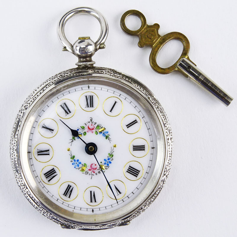 Circa 1886 English, Birmingham Engraved Sterling Silver Pocket Watch with Enamel Decorated Dial and Swiss Movement with Key