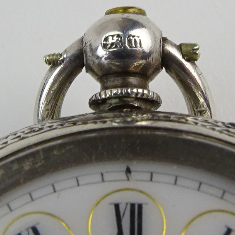 Circa 1886 English, Birmingham Engraved Sterling Silver Pocket Watch with Enamel Decorated Dial and Swiss Movement with Key