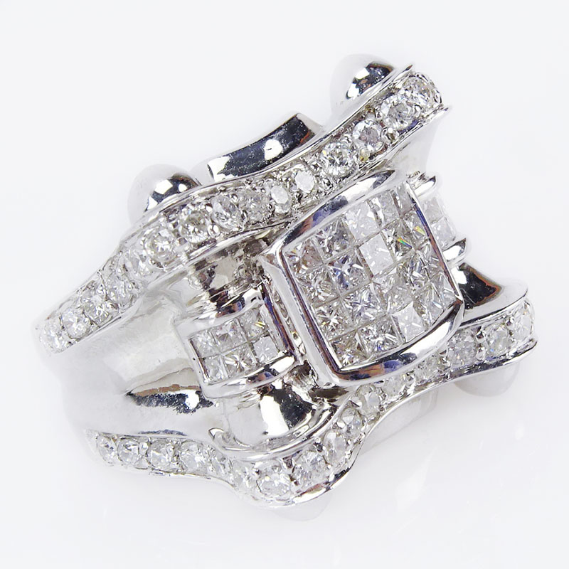 2.5 Carat Invisible Set Princess Cut and Round Brilliant Cut Diamond and 14 Karat White Gold Ring.