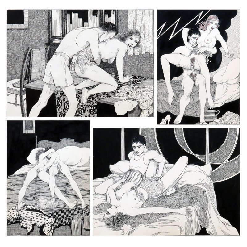 Four (4) Possibly Charles Henry Richert, American (1880-1974) Erotic Woodblock Prints