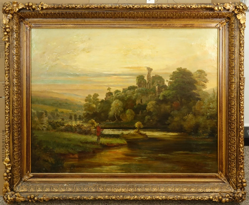 Large 19th C English School Oil on Canvas "Okehampton Castle, North Devon"