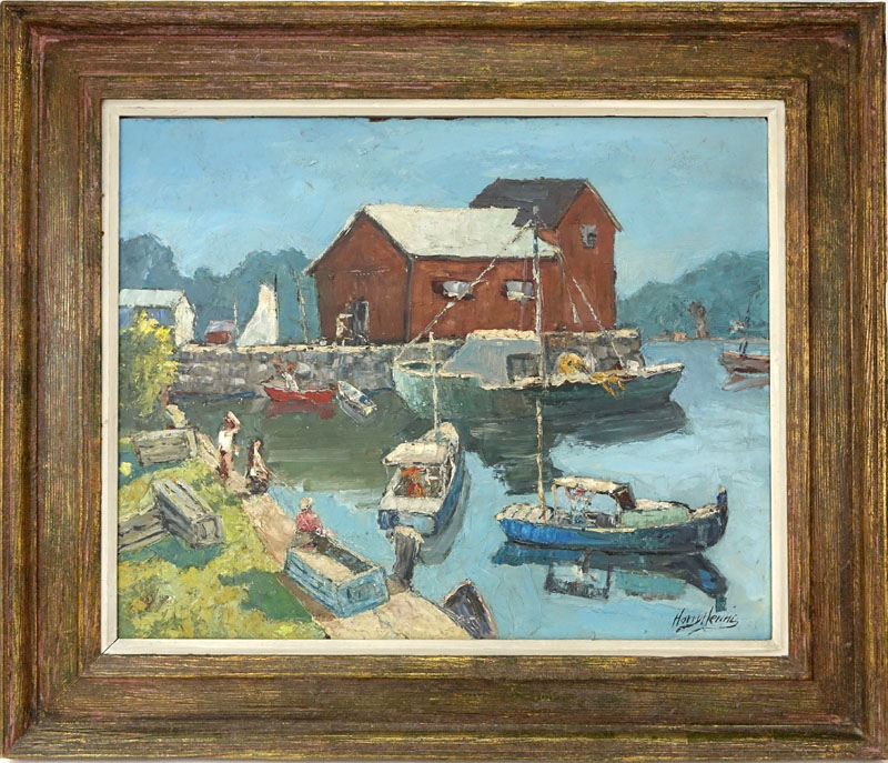 Harry Hering, American 1887-1967) Oil on Masonite, Village Harbor Scene