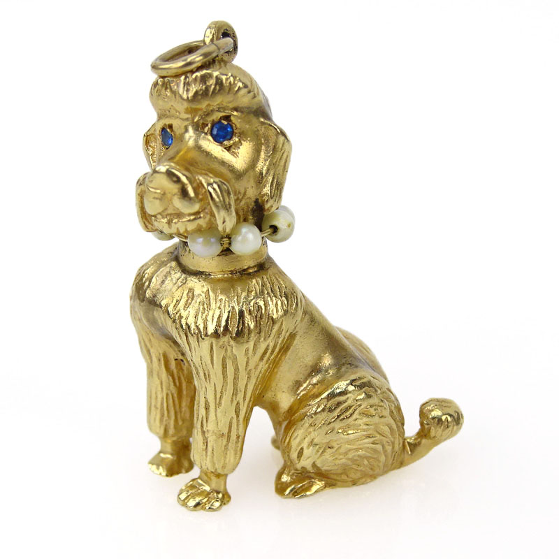 Vintage 14 Karat Yellow Gold Poodle Charm with Sapphire Eyes and Pearl Collar
