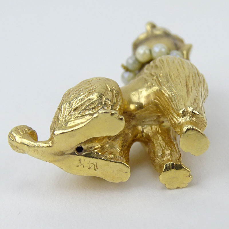 Vintage 14 Karat Yellow Gold Poodle Charm with Sapphire Eyes and Pearl Collar