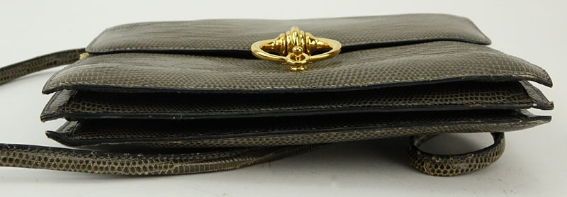 Vintage Hermès Olive Green Lizard Leather Flap Clutch Shoulder Bag