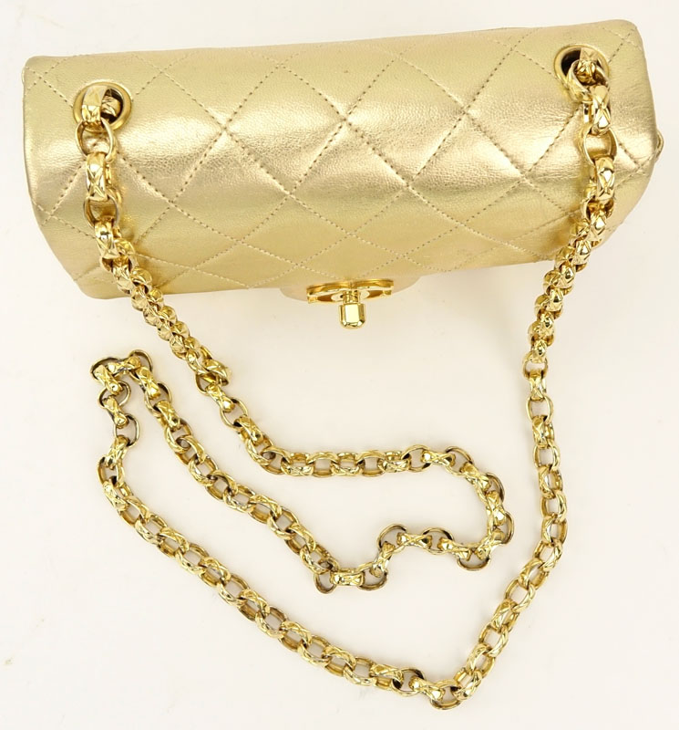 Chanel Gold Lame Quilted Mini Evening Bag On Gold Chain