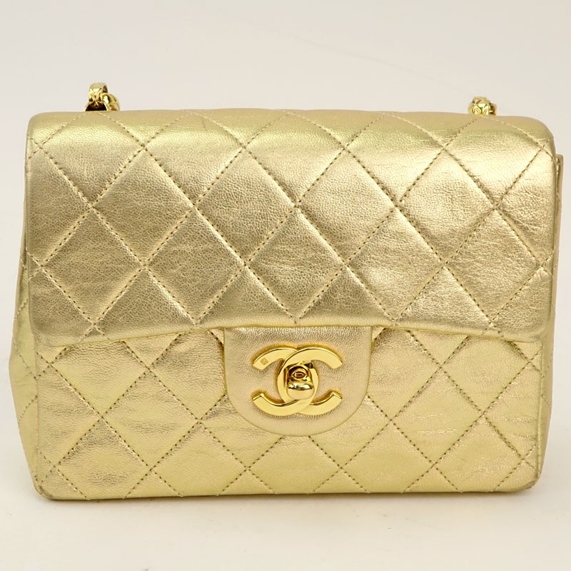 Chanel Gold Lame Quilted Mini Evening Bag On Gold Chain