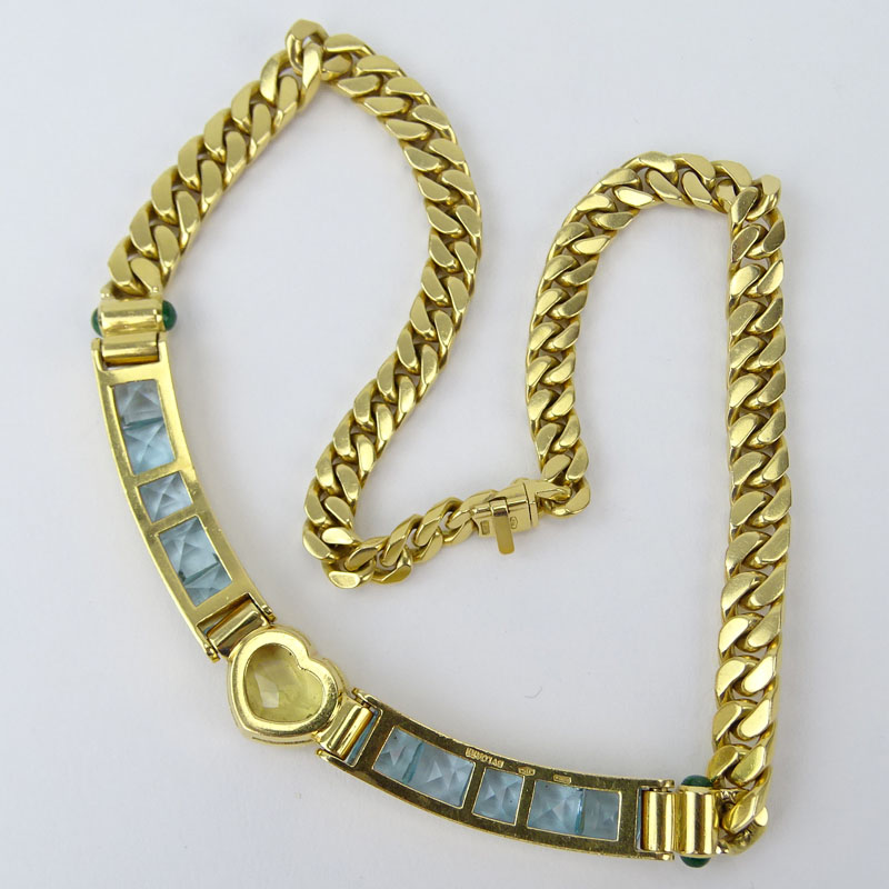 10.0 Carat Heart Shape Yellow Sapphire, 30.0 Carat Square Cut Aquamarine and 18 Karat Yellow Gold Necklace. 