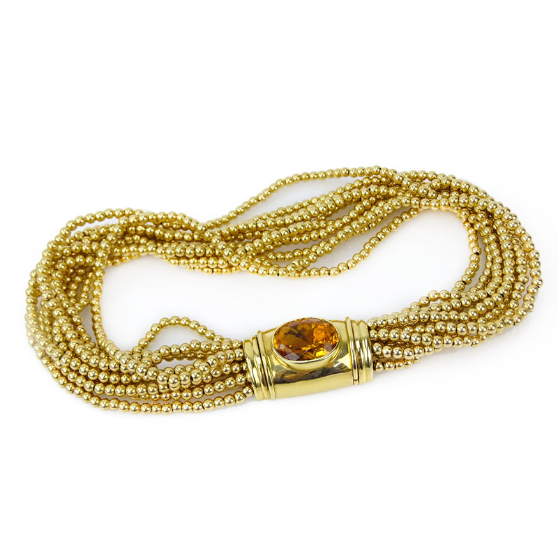 Multi Strand 18 Karat Yellow Gold Bead Necklace with Large Oval Cut Citrine Clasp