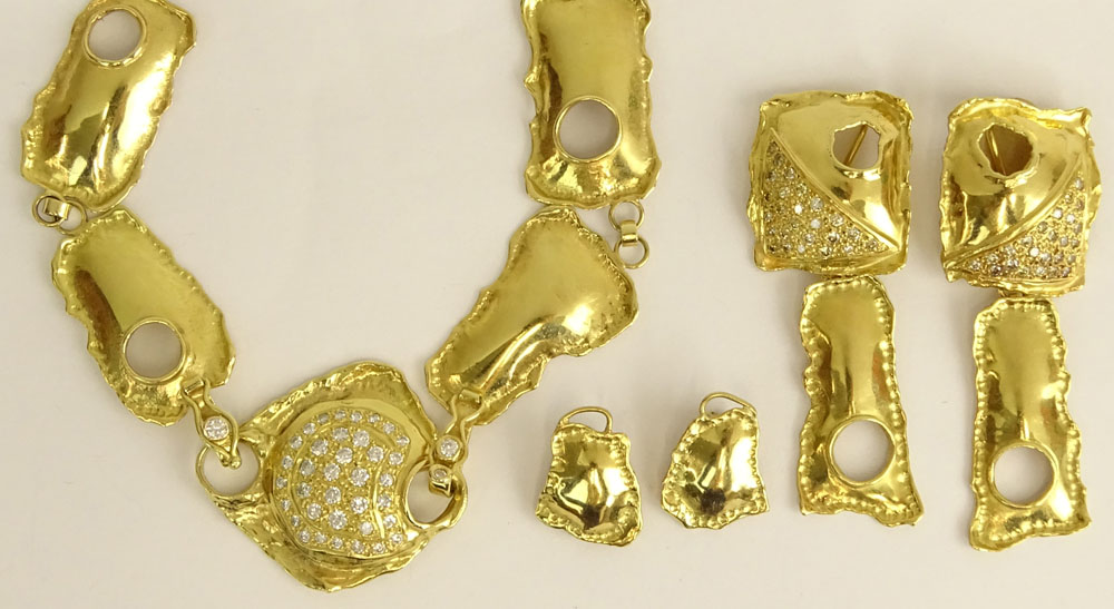 Baruch Hadaya, Israeli 18 Karat Yellow Gold and Diamond Necklace and Two Pair Ear clip Suite