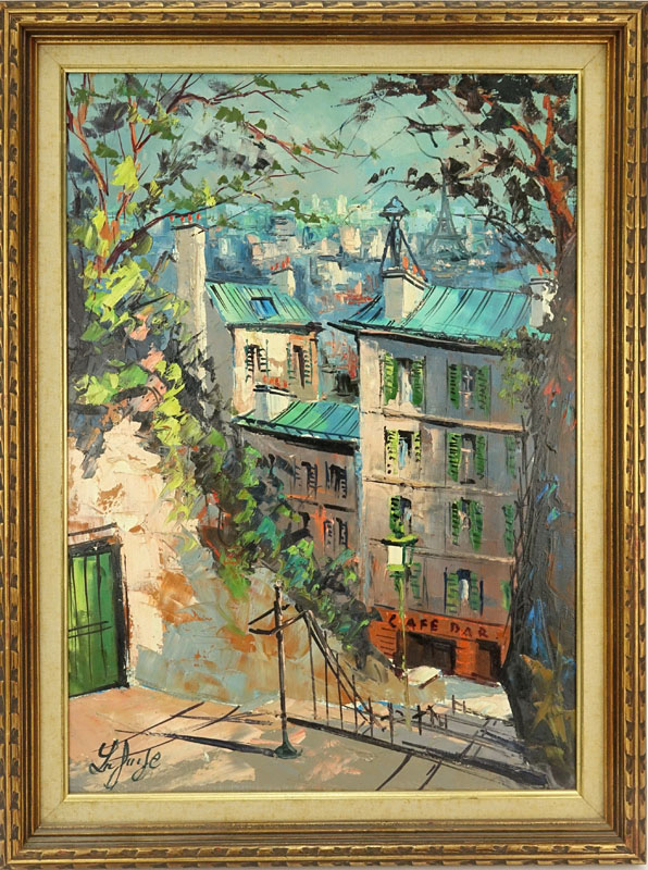 French School (20th Century) "Café Bar" Oil on Canvas Painting