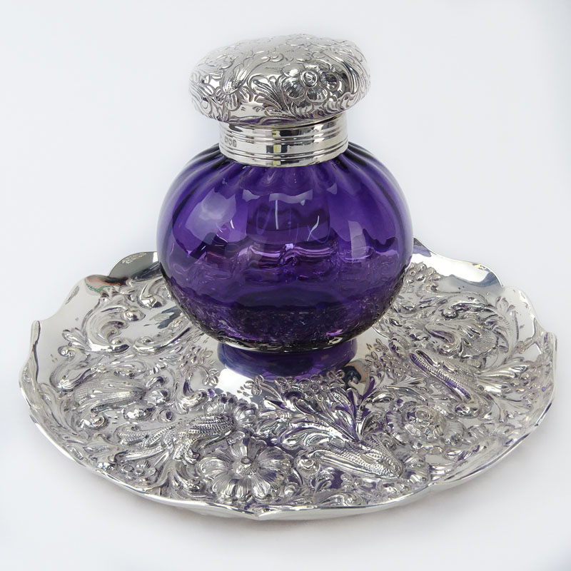 19th Century English Silver and Glass Inkwell and Tray