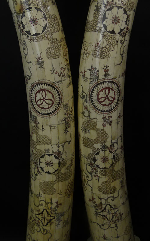 Pair of 20th Century Chinese Monumental Carved and Tessellated Bone Tusk Sculptures