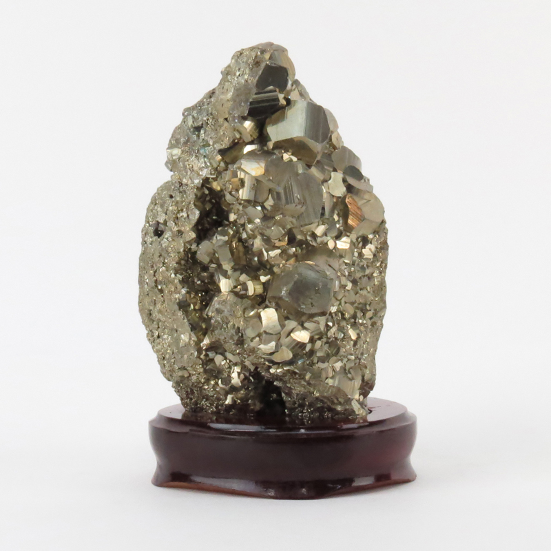 Pyrite "Fool's Gold" Natural Mineral Specimen on Wooden Stand