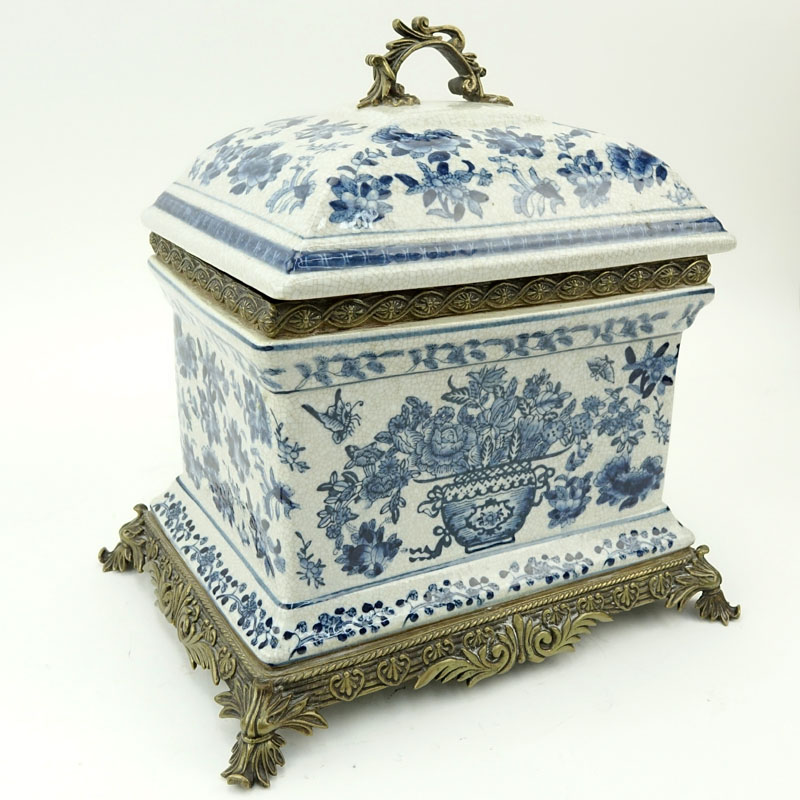 20th Century Modern Blue and White Bronze Mounted Pottery Covered Box
