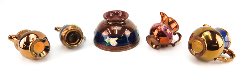 Collection of Five (5) Pieces Antique Copper Lusterware Faience including Four (4) Pitchers and One (1) Bowl