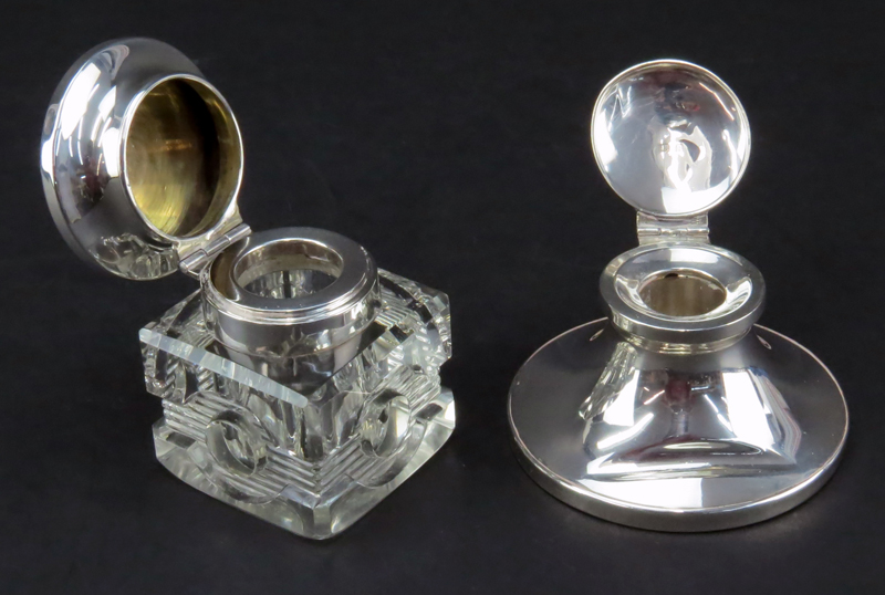 Collection of Three (3) Glass and Silver Inkwells and a Silver Plate "Quill" Pen