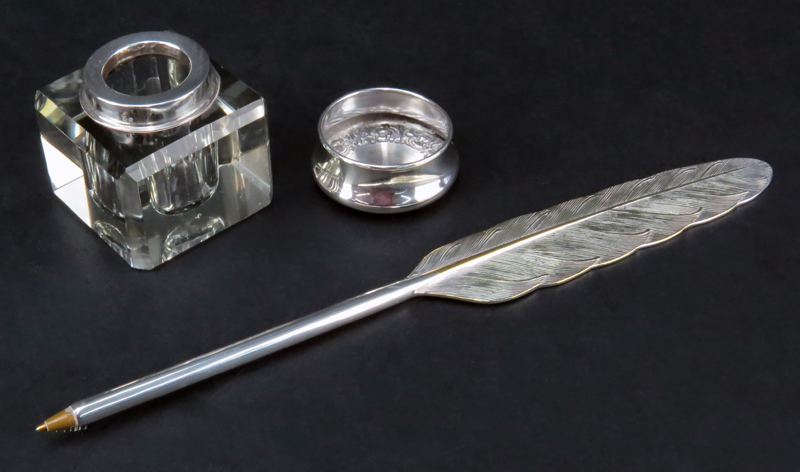 Collection of Three (3) Glass and Silver Inkwells and a Silver Plate "Quill" Pen