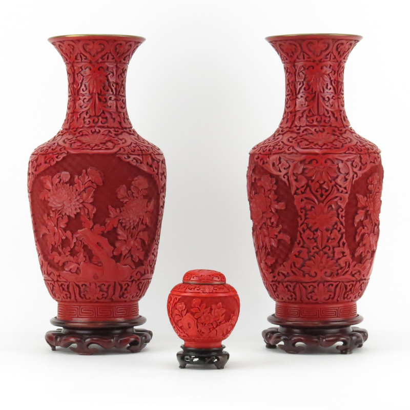 Three (3) Chinese Cinnabar Style Tableware on Wooden Stands