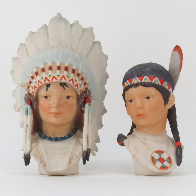 Two (2) Cybis Polychrome Indian Male and Female Porcelain Busts