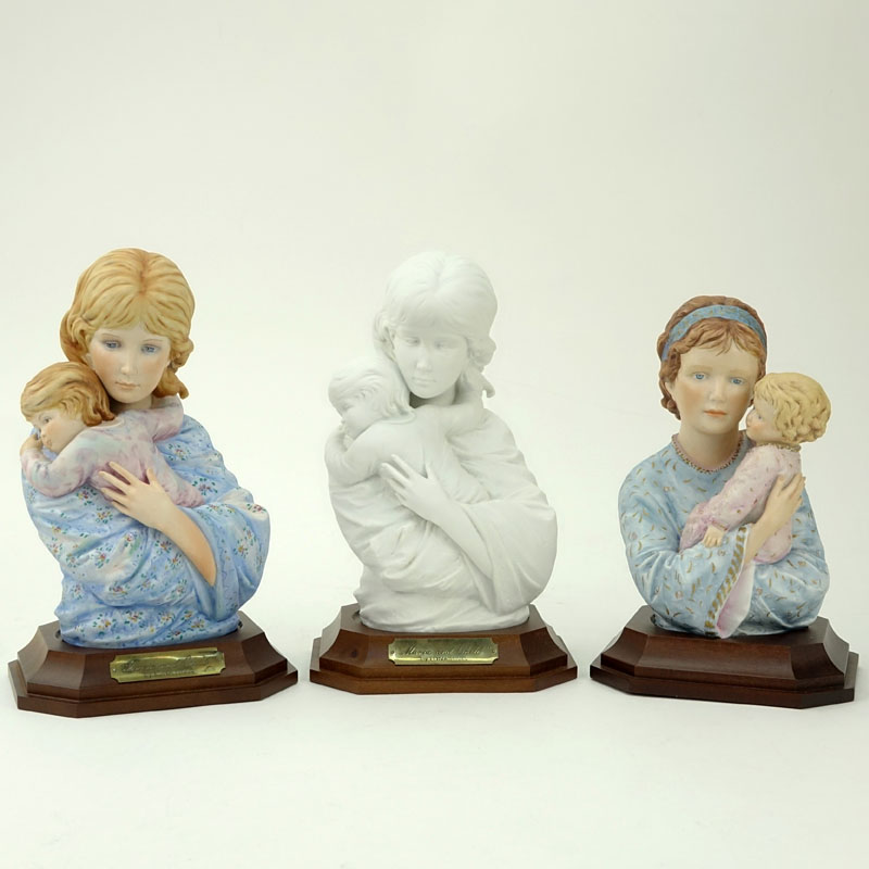 Three (3) Edna Hibel Porcelain Sculptures "Mother And Child" On Wood Bases