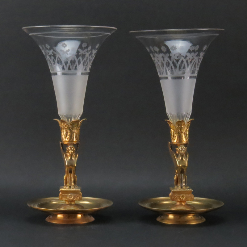 Pair Antique French Empire Ormolu and Etched Crystal Vases