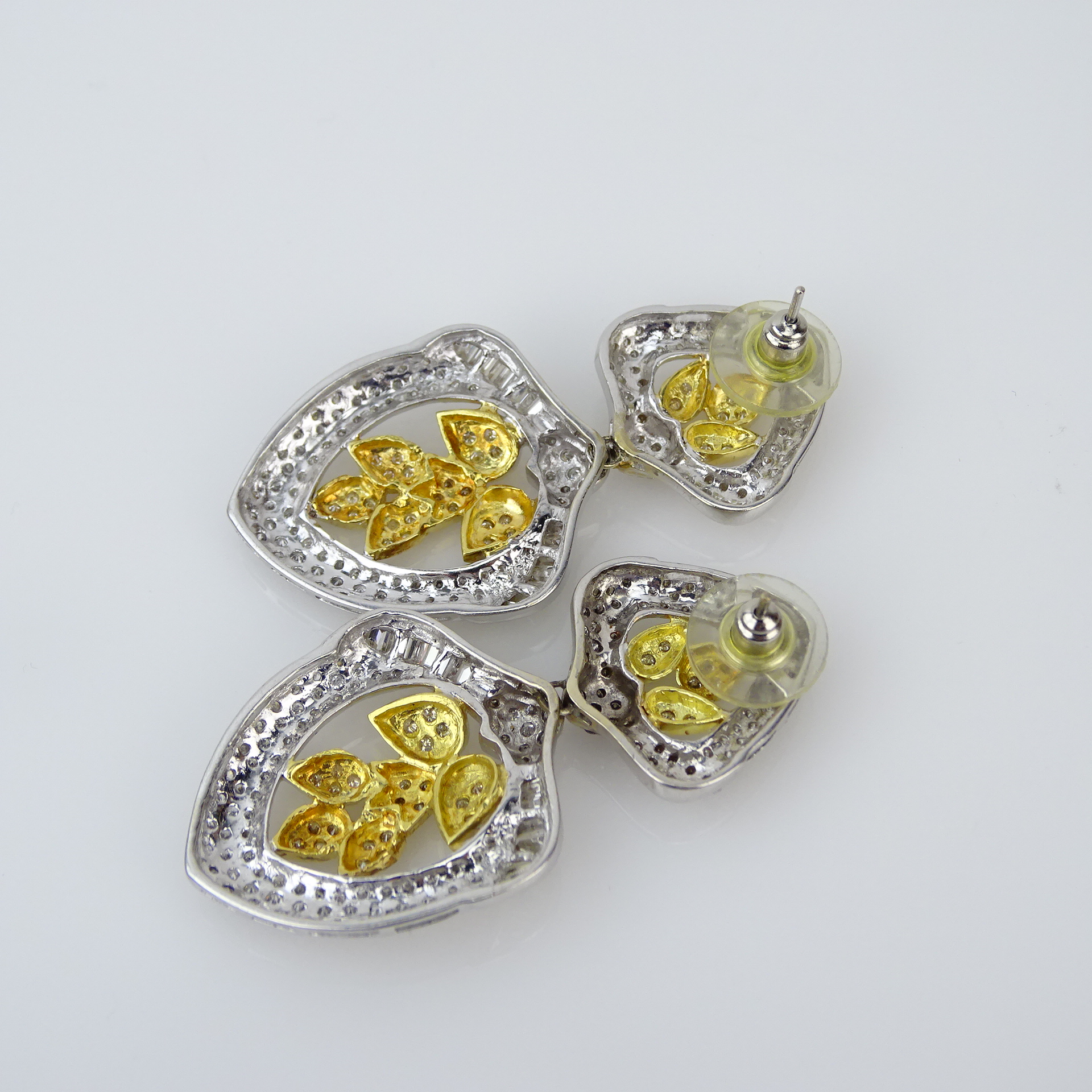 Pave Set Round Cut and Baguette Diamond and 18 Karat White and Yellow Gold Pendant Earrings