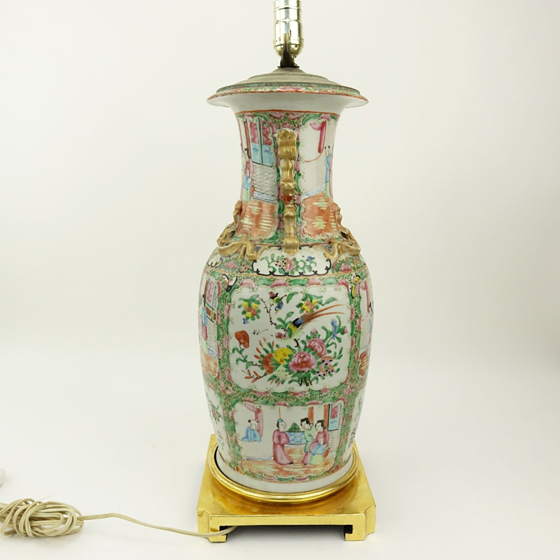 Late 19th or Early 20th Century Chinese Rose Medallion Porcelain Vase Mounted as Lamp