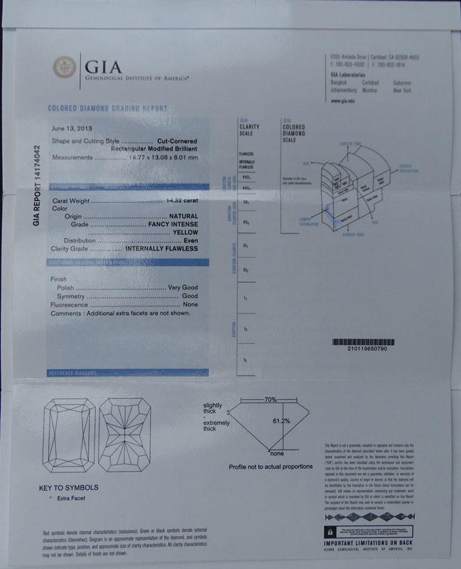 Important GIA Certified 14.32 Carat Internally Flawless Rectangular Brilliant Cut Fancy Intense Yellow Diamond and Platinum Ring.