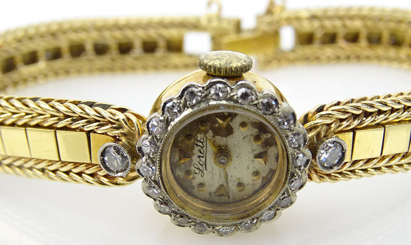 Lady's Vintage Lorett 18 Karat Yellow Gold Bracelet Watch with Diamond Bezel