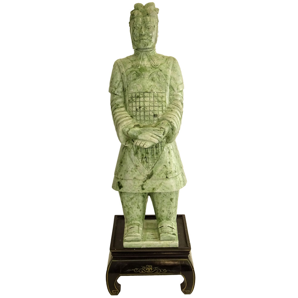 Large and Heavy Chinese Carved Jadeite Figure of A Man on Inlaid Wood Stand