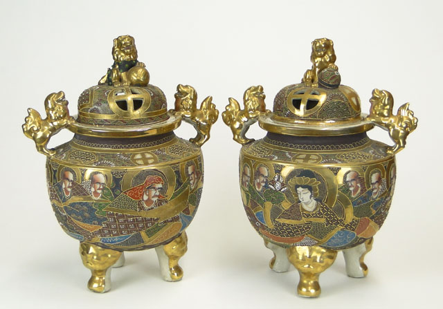 Pair of Early 20th Century Japanese Satsuma Porcelain Sensors with Immortals and Gilt Foo Dog Handles and Finials