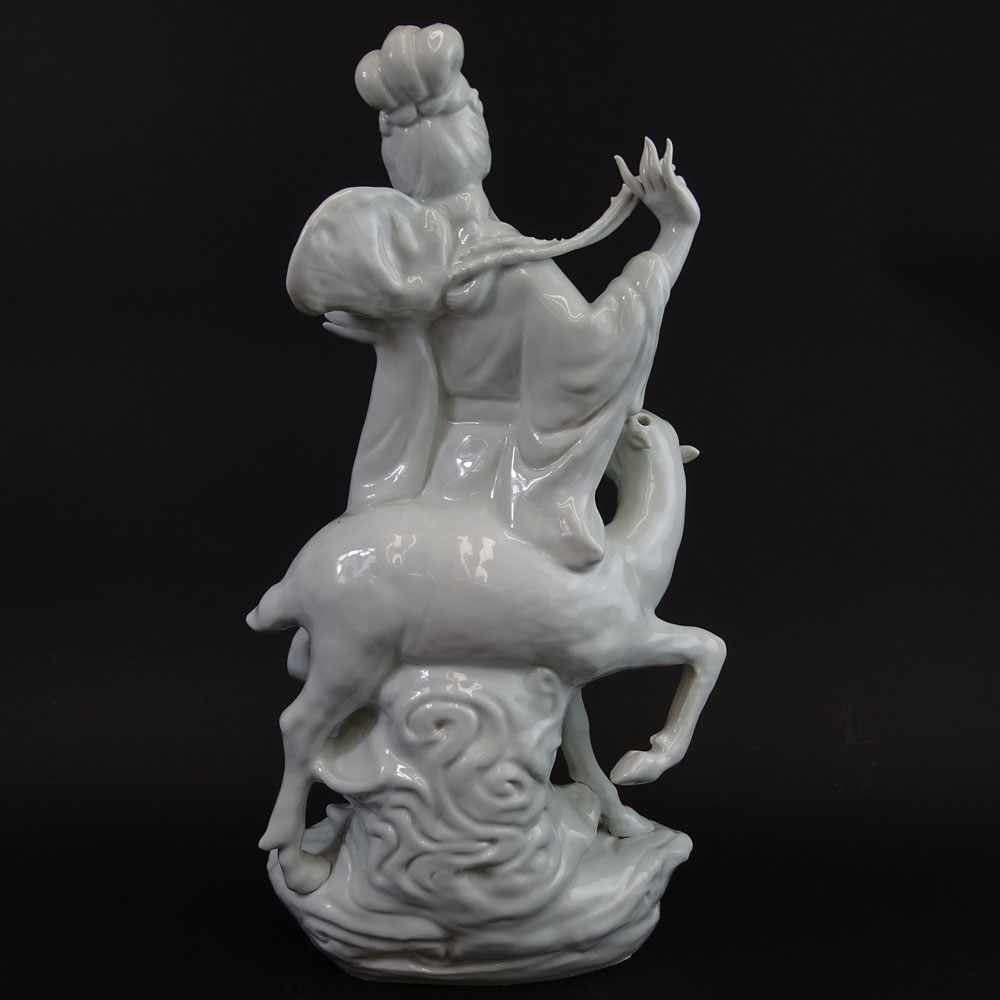 Large Mid Century Chinese Blanc Du Chine Lady With Deer Group