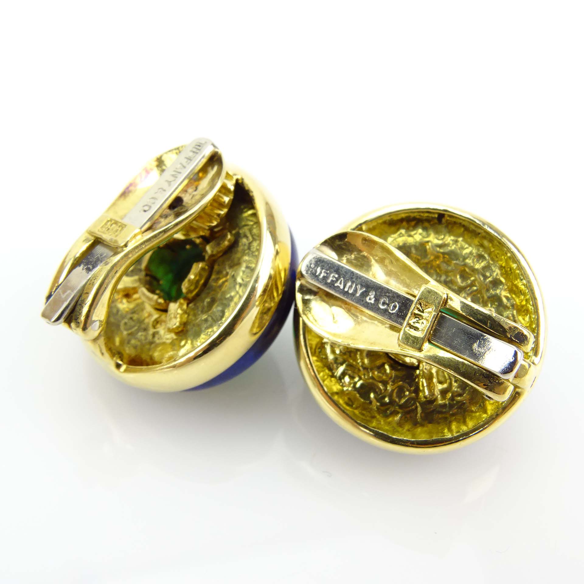 Tiffany & Co 18 Karat Yellow Gold, Lapis Lazuli and Green Onyx Clip Earrings. 