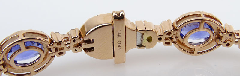 Approx. 13.75 Carat Oval Cut Tanzanite, 4.20 carat Round Brilliant Cut Diamond and 14 Karat Rose Gold bracelet. 