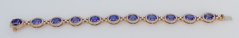 Approx. 13.75 Carat Oval Cut Tanzanite, 4.20 carat Round Brilliant Cut Diamond and 14 Karat Rose Gold bracelet. 