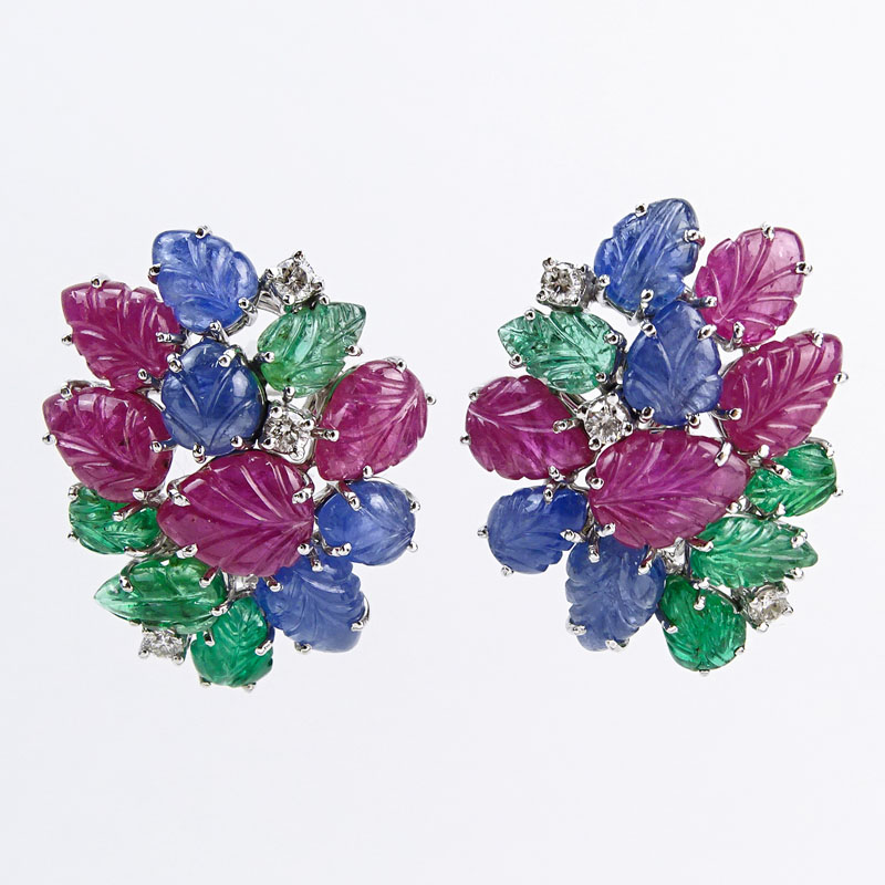 Cartier style Carved Emerald, Sapphire, Ruby, Round Brilliant Cut Diamond and 18 Karat White Gold Tutti Frutti Earrings. 