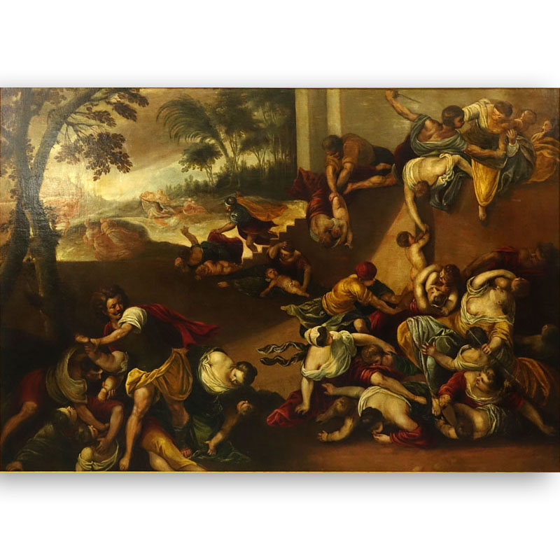 17th Century Italian Old Master Oil On Canvas, Possibly Follower Of Andrea Schiavone, Italian (born circa 1500-1563) "Massacre Of The Innocents" 